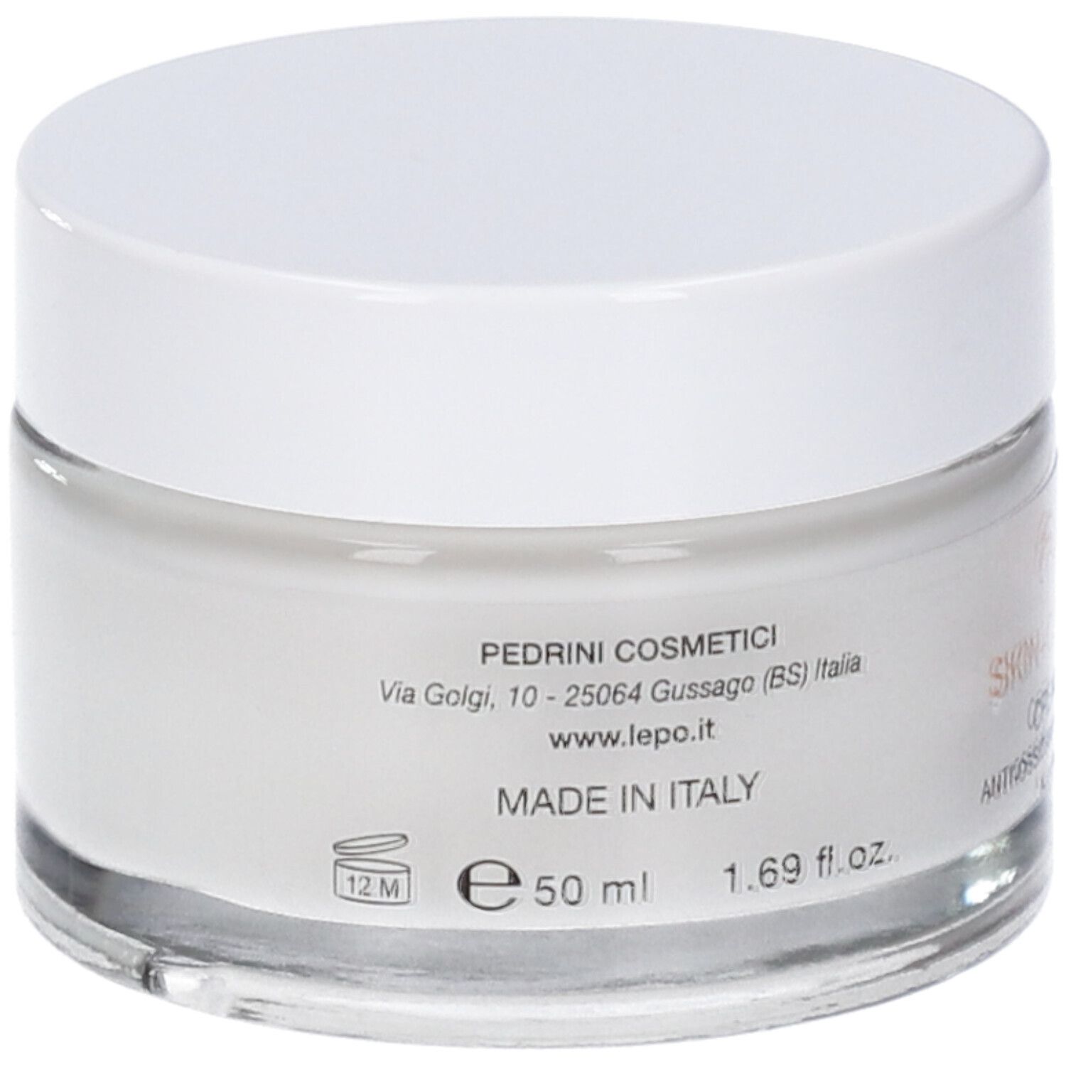 Vaso di crema con coperchio bianco. Scritta: Pedrini Cosmetici, Made in Italy, 50 ml, 1.69 fl.oz.