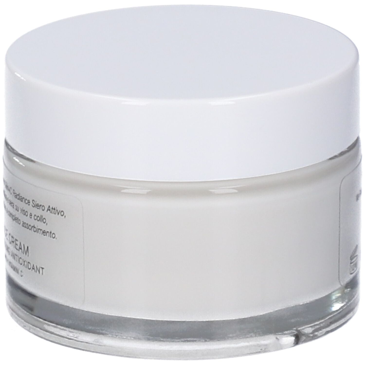 Vaso di crema con coperchio bianco. Scritta: Skin+C Radiance, Crema Viso, antiossidante rivitalizzante.