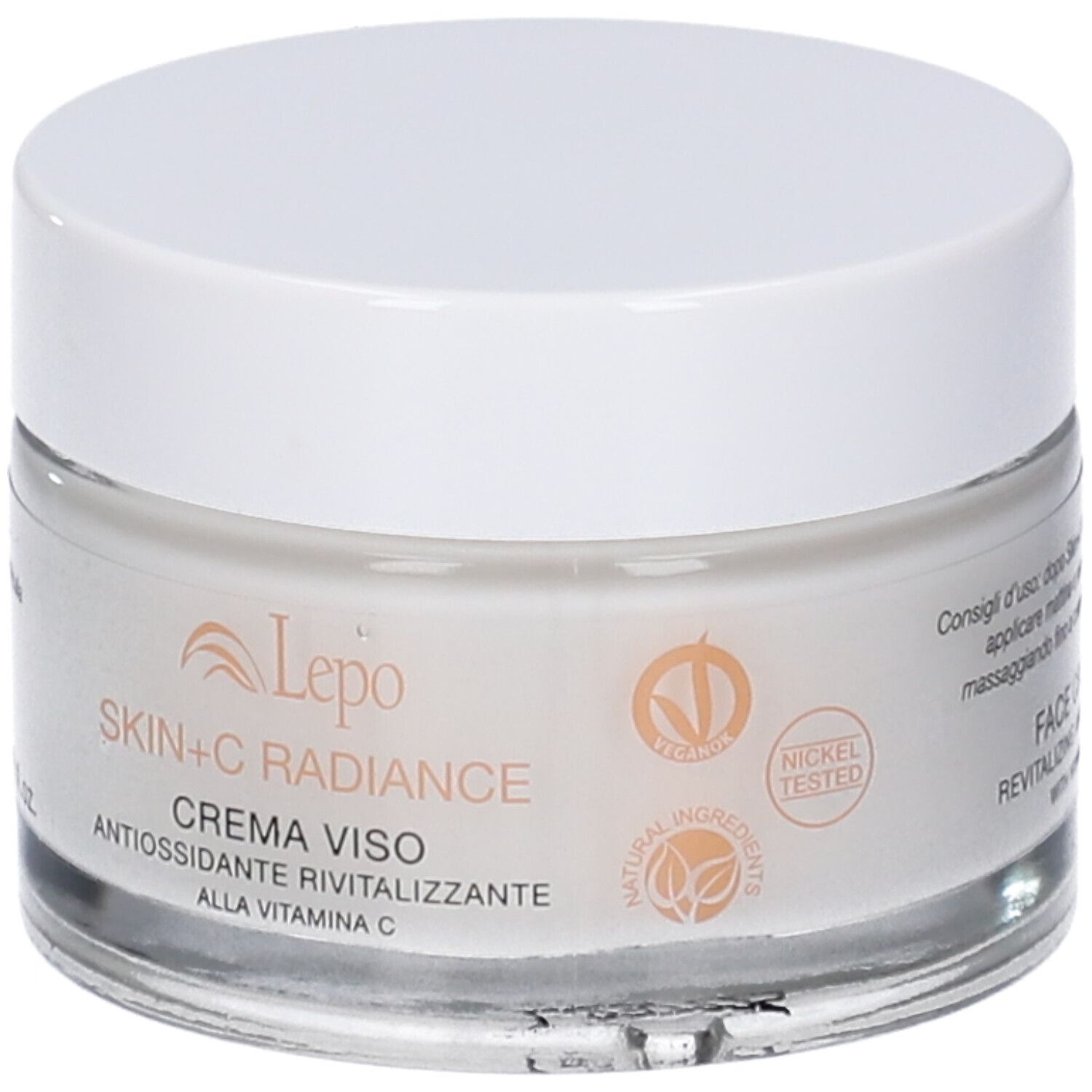 Vaso di crema con coperchio bianco. Scritta: Skin+C Radiance, Crema Viso, antiossidante rivitalizzante. Logo Le po.