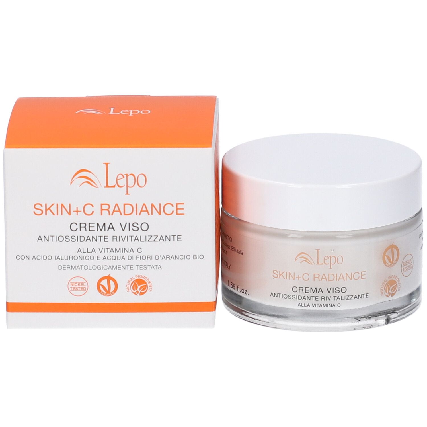 Vaso di crema e scatola. Scritta: Skin+C Radiance, Crema Viso, antiossidante rivitalizzante. Logo Le po.