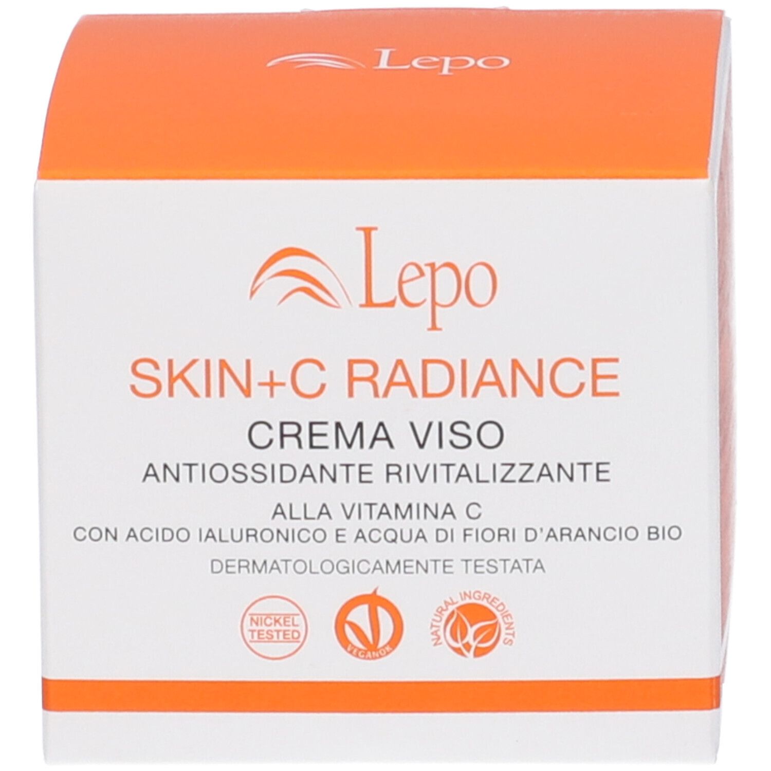 Scatola. Scritta: Skin+C Radiance, Crema Viso, antiossidante rivitalizzante. Logo Le po.