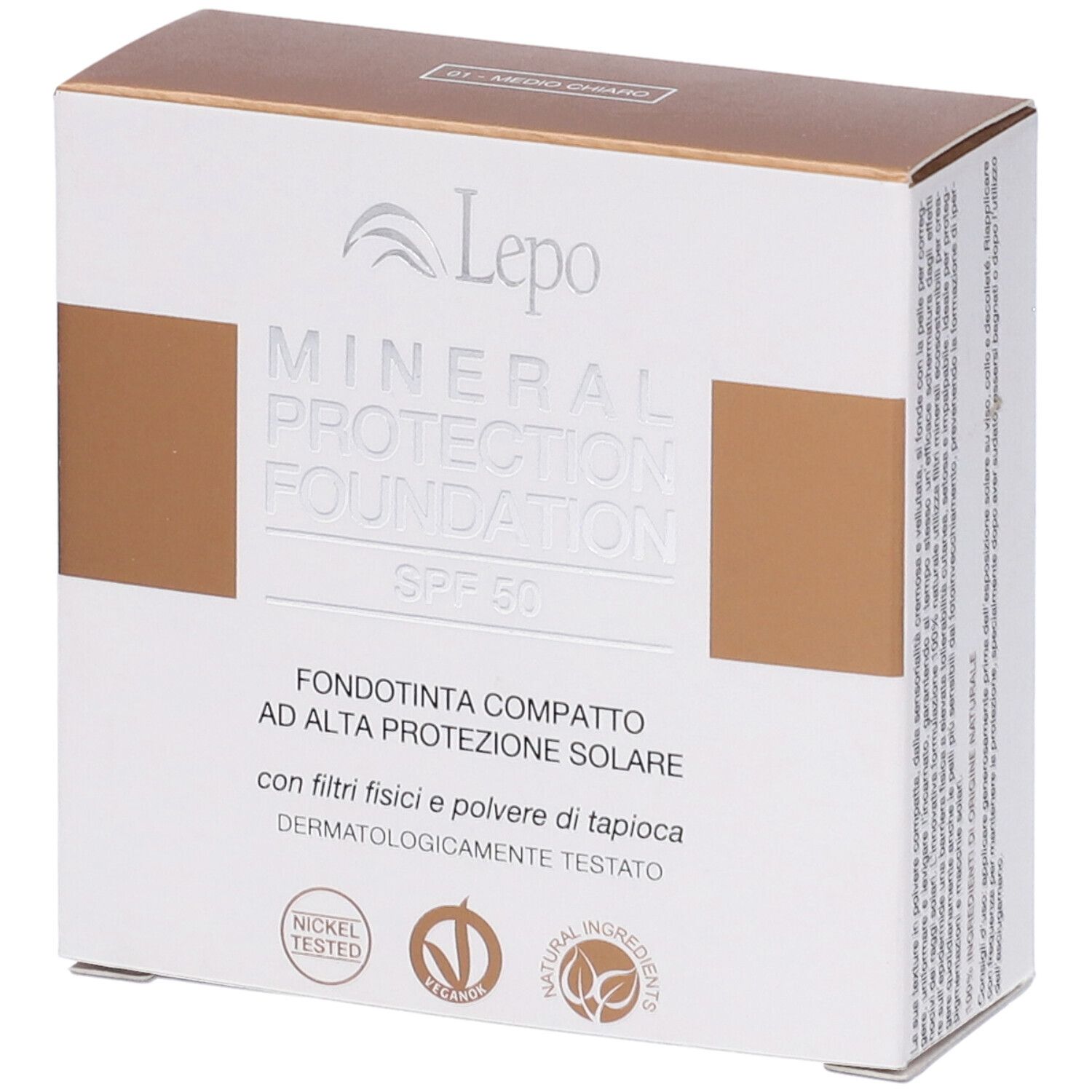 Scatola con informazioni sul prodotto. Marchio Lepo. Mineral Protection Foundation SPF 50. Vegan.
