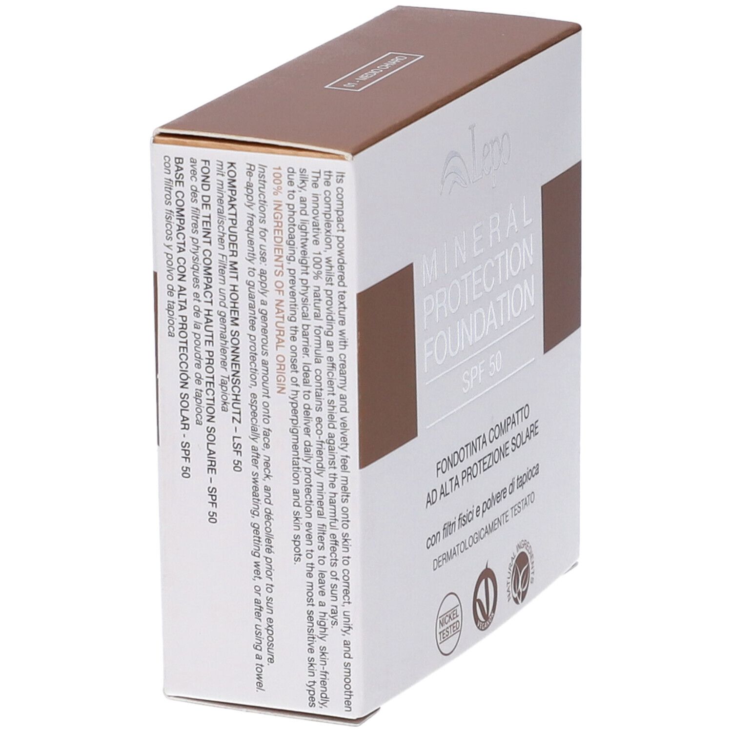Scatola con informazioni sul prodotto. Marchio Lepo. Mineral Protection Foundation SPF 50. Vegan.