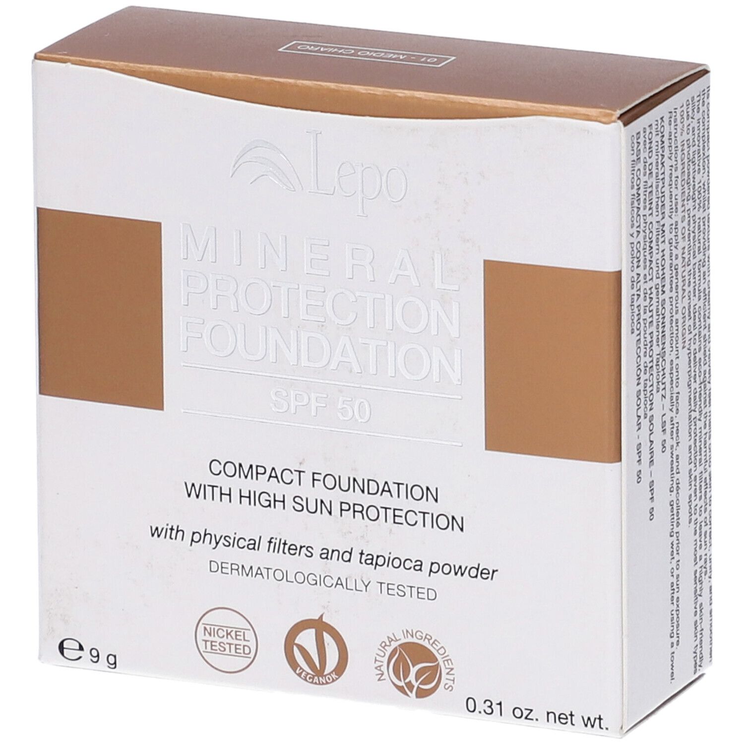 Scatola con informazioni sul prodotto. Marchio Lepo. Mineral Protection Foundation SPF 50. Vegan.