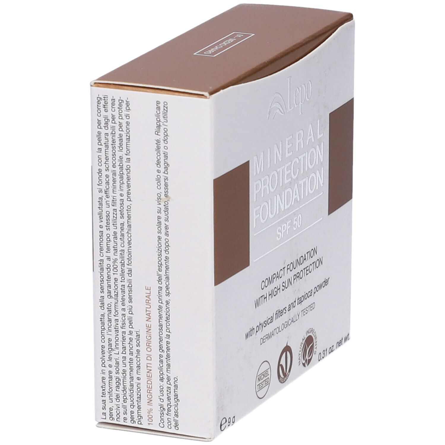 Scatola con informazioni sul prodotto. Marchio Lepo. Mineral Protection Foundation SPF 50. Vegan.