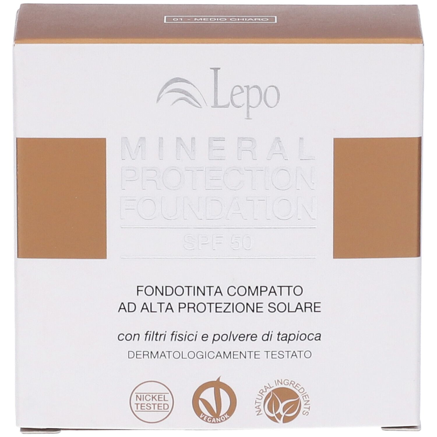 Scatola con informazioni sul prodotto. Marchio Lepo. Mineral Protection Foundation SPF 50. Vegan.