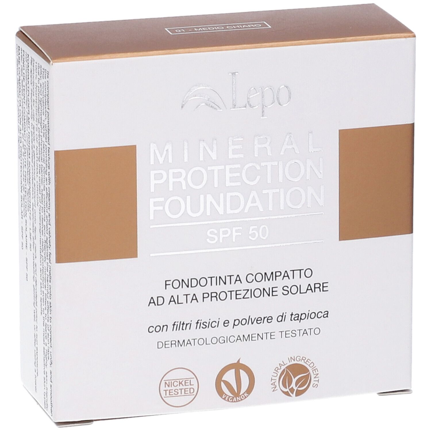 Scatola con informazioni sul prodotto. Marchio Lepo. Mineral Protection Foundation SPF 50. Vegan.