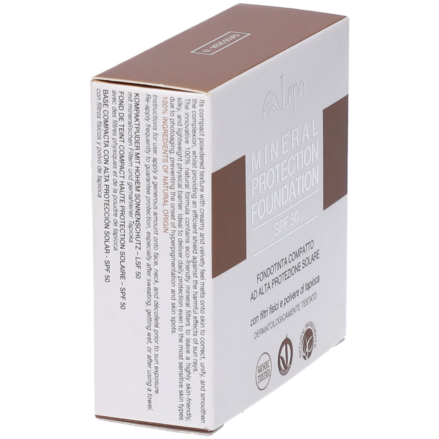 Confezione fondotinta, in diagonale. Testo: Mineral Protection Foundation SPF 50. Logo Lepo.