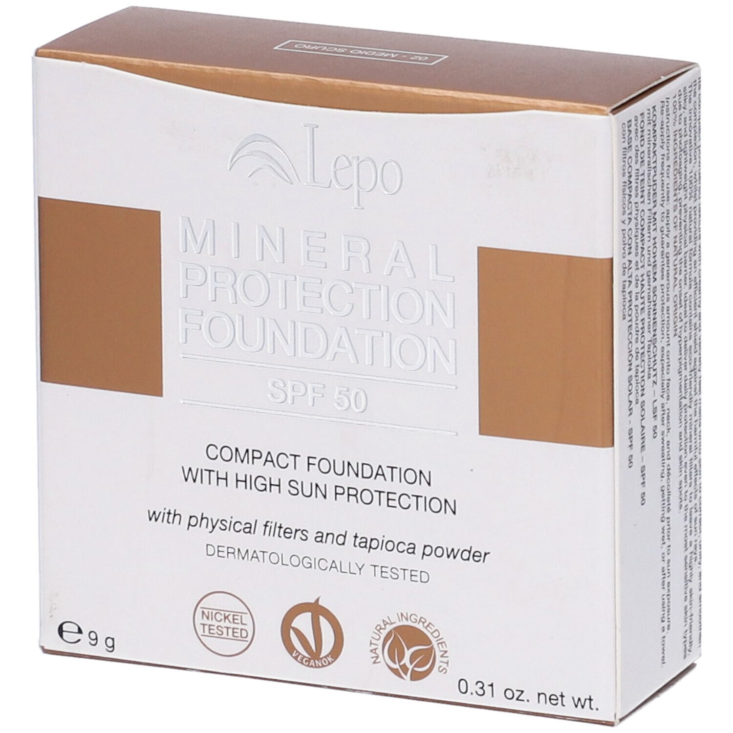 Confezione fondotinta. Testo: Mineral Protection Foundation SPF 50. Logo Lepo. 9g.