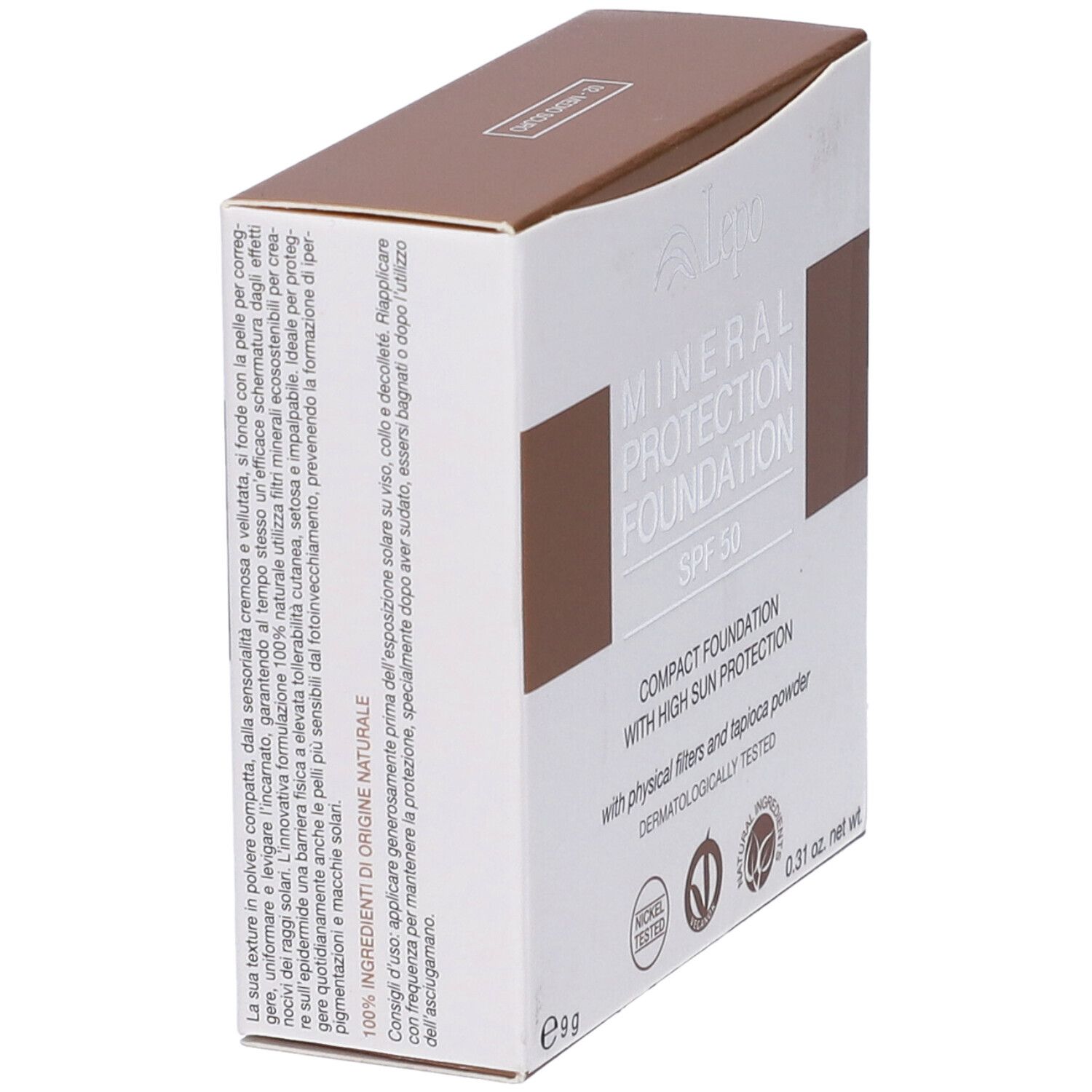 Confezione fondotinta, in diagonale. Testo: Mineral Protection Foundation SPF 50. Logo Lepo. 9g.