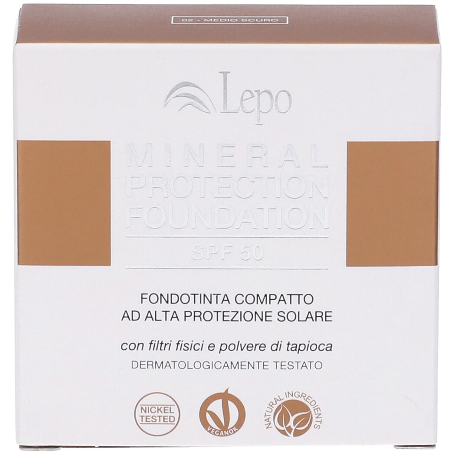 Confezione fondotinta. Testo: Mineral Protection Foundation SPF 50. Tonalità 02 Medio scuro.