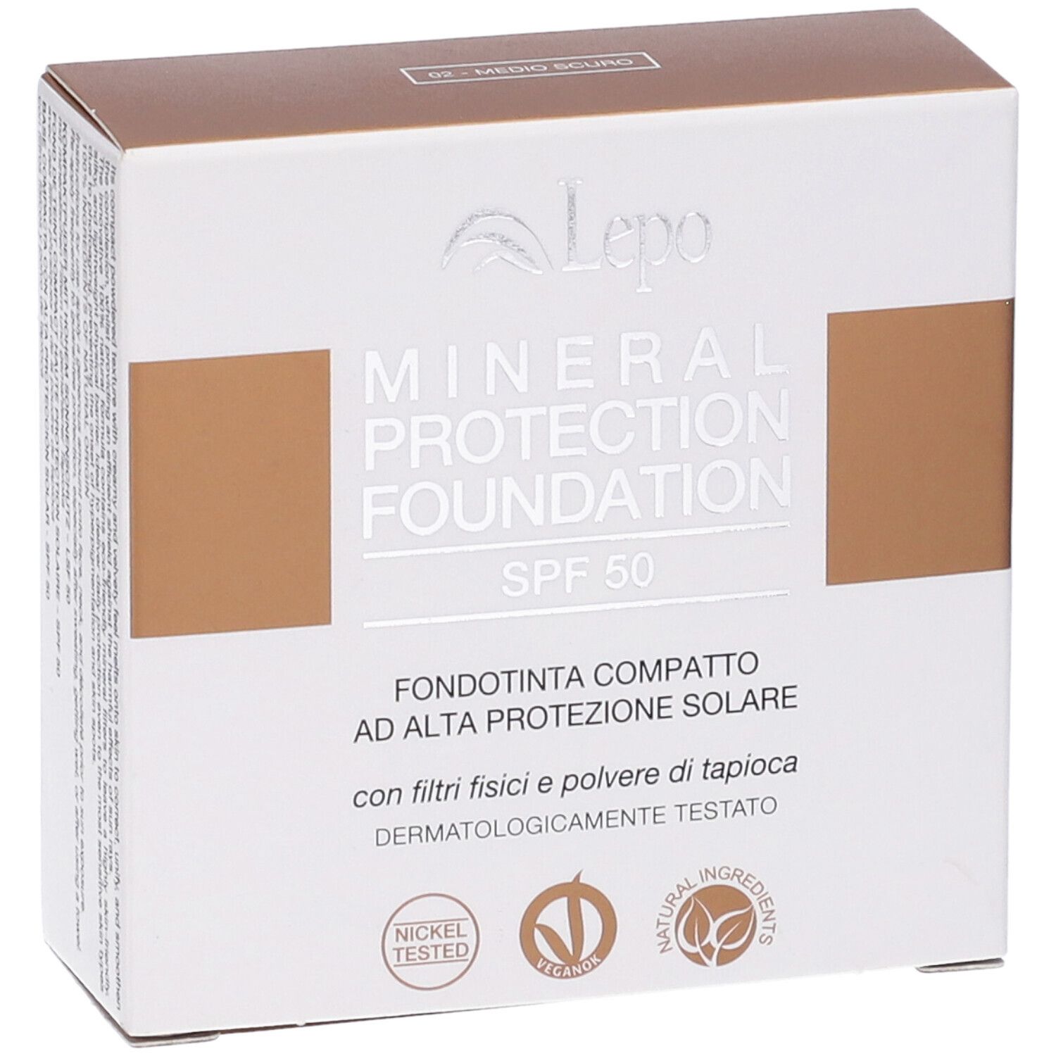 Confezione fondotinta, in diagonale. Testo: Mineral Protection Foundation SPF 50. Logo Lepo.