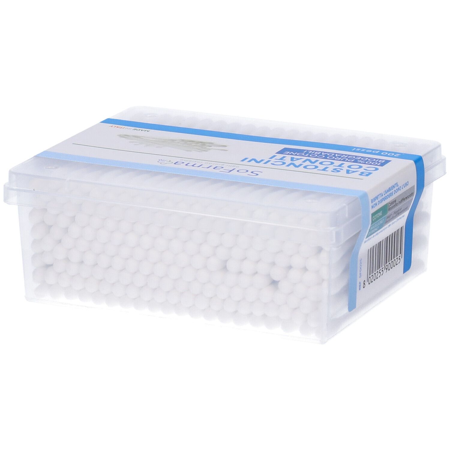 Scatola trasparente di bastoncini cotonati. Scritto: 'BASTONCINI COTONATI'. Marchio: SoFarma. 200 pezzi.