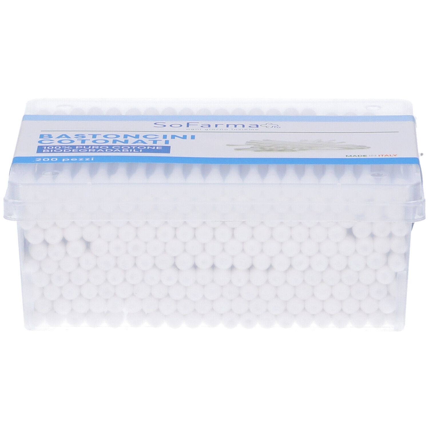 Scatola trasparente di bastoncini cotonati. Scritto: 'BASTONCINI COTONATI'. Marchio: SoFarma. 200 pezzi.