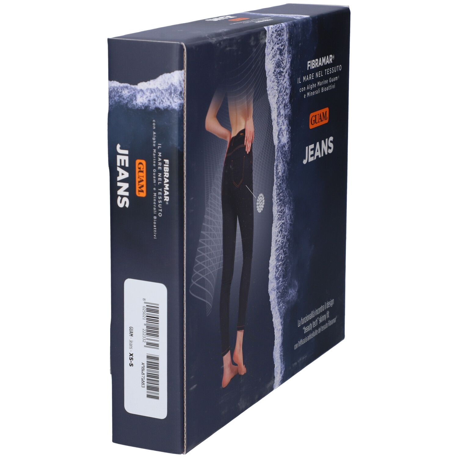 Confezione di jeans Guam. Etichetta con codice a barre. Scritta: Fibramar, alghe marine Guam e minerali bioattivi. Testo: Jeans.