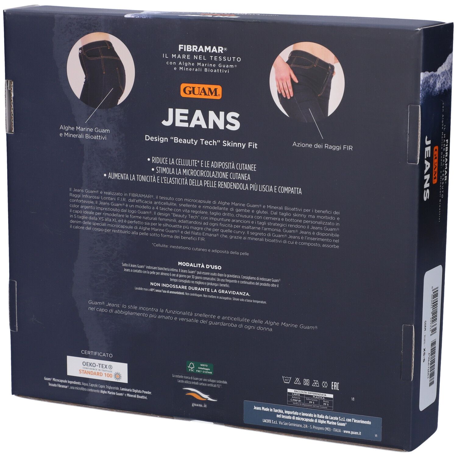 Retro della confezione dei jeans. Testo: Guam Jeans. Fibramar, alghe, minerali. Testo su design e caratteristiche. Certificazioni.