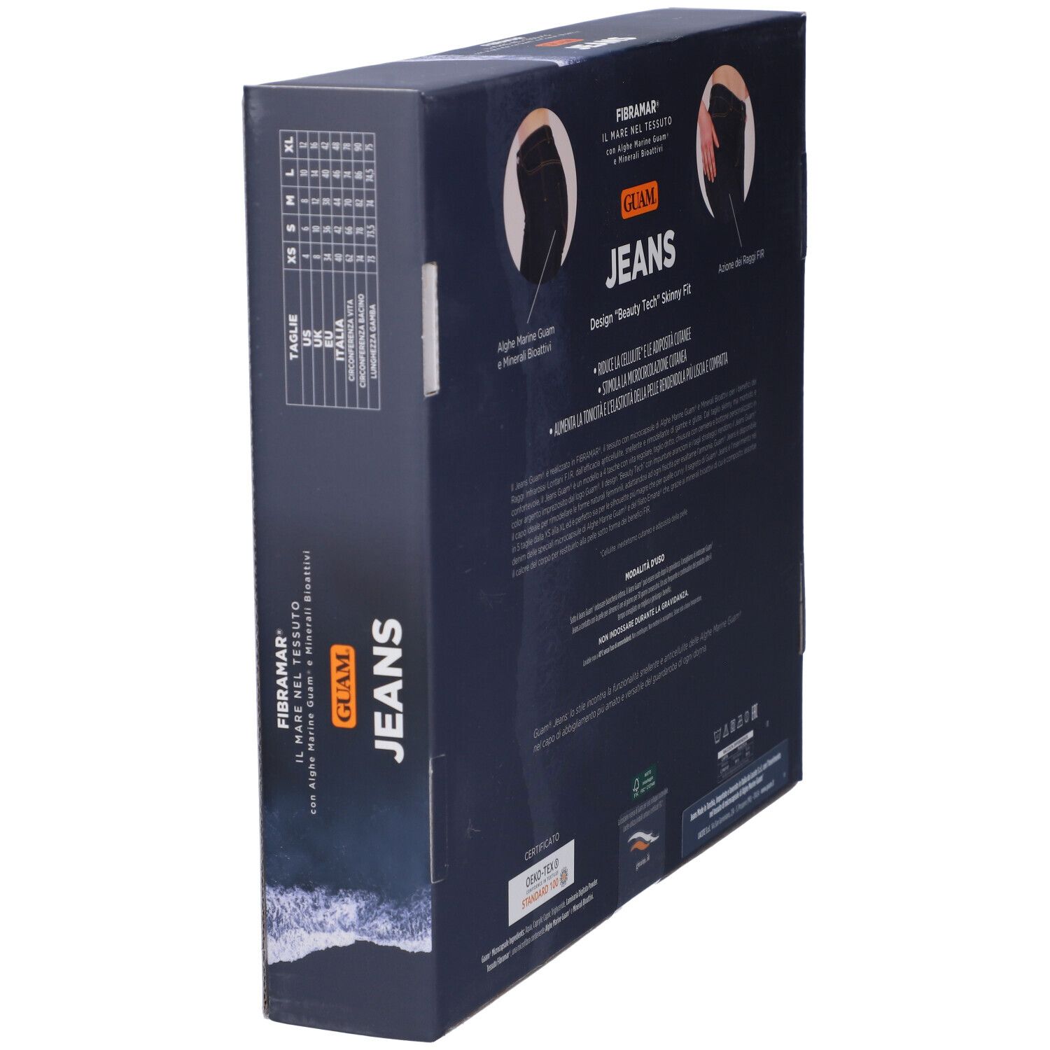 Confezione di jeans. Scritta: Guam Jeans. Testo: Fibramar, alghe, minerali. Tabella taglie. Istruzioni di design e cura.