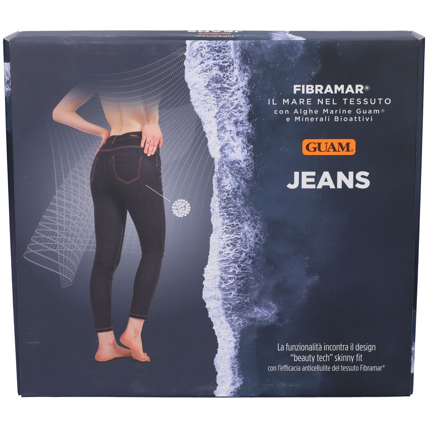 Confezione di jeans Guam. Immagine di donna in jeans. Scritta: Fibramar, alghe marine Guam e minerali bioattivi. Testo: Jeans.