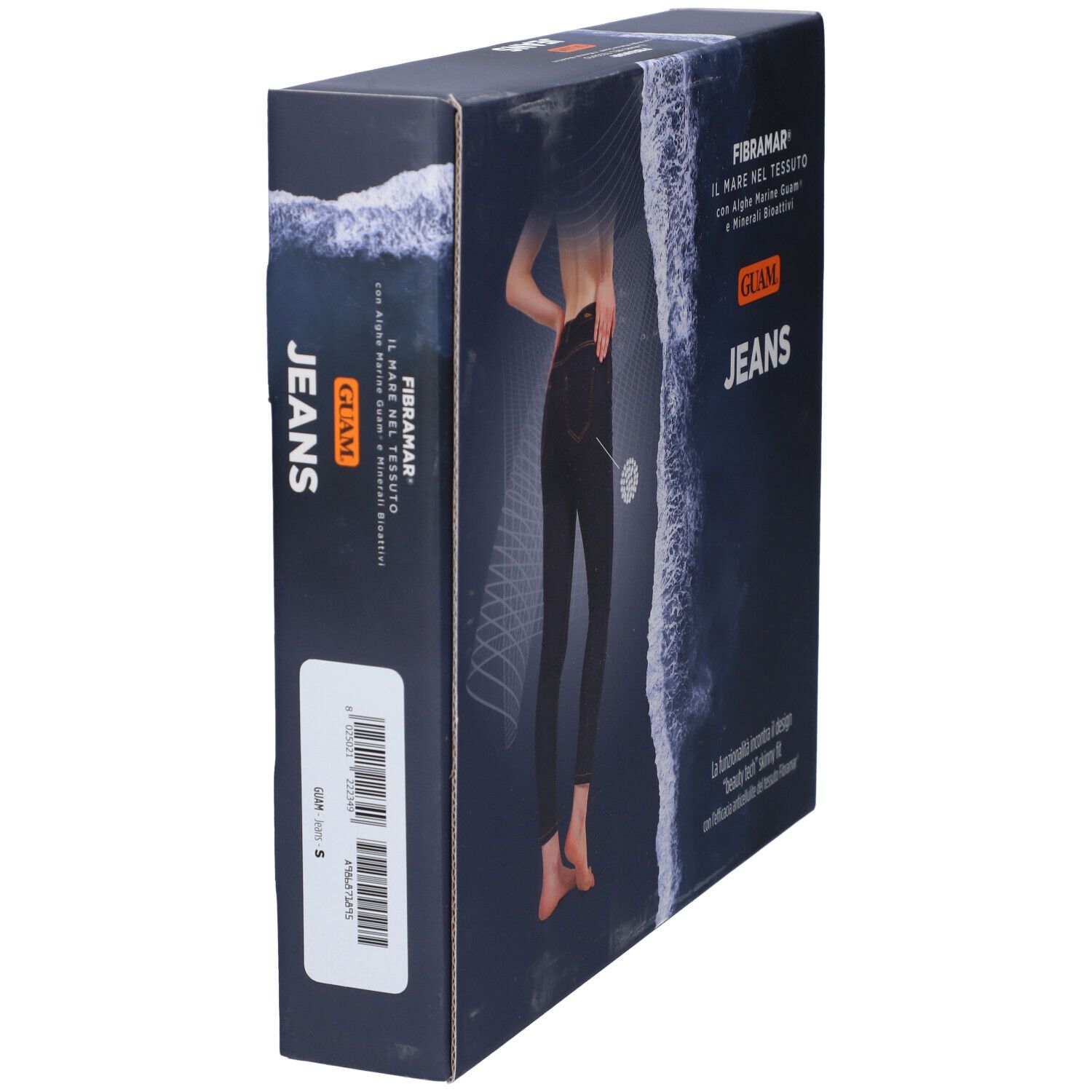 Vista laterale della confezione Guam Jeans. Scritta: Jeans, Fibramar. Codice a barre e indicazione taglia.