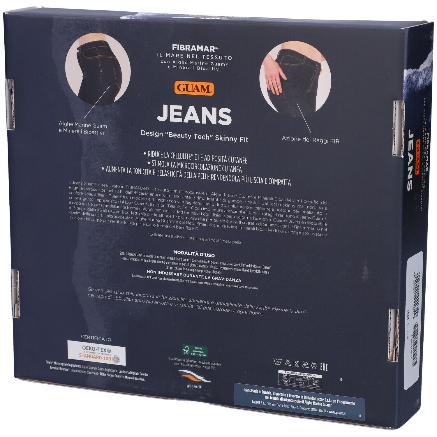 Retro della confezione Guam Jeans. Scritta: Jeans, Fibramar. Informazioni prodotto, certificazione.
