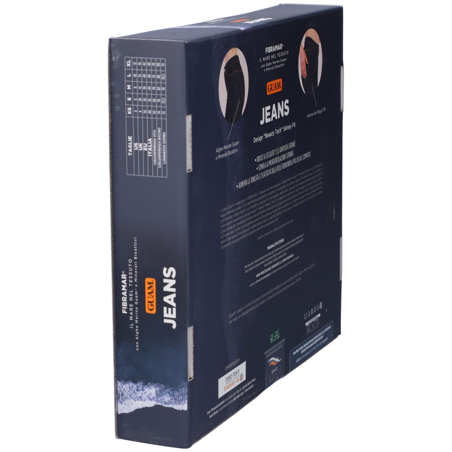 Vista laterale della confezione Guam Jeans. Scritta: Jeans, Fibramar. Tabella taglie, informazioni prodotto.