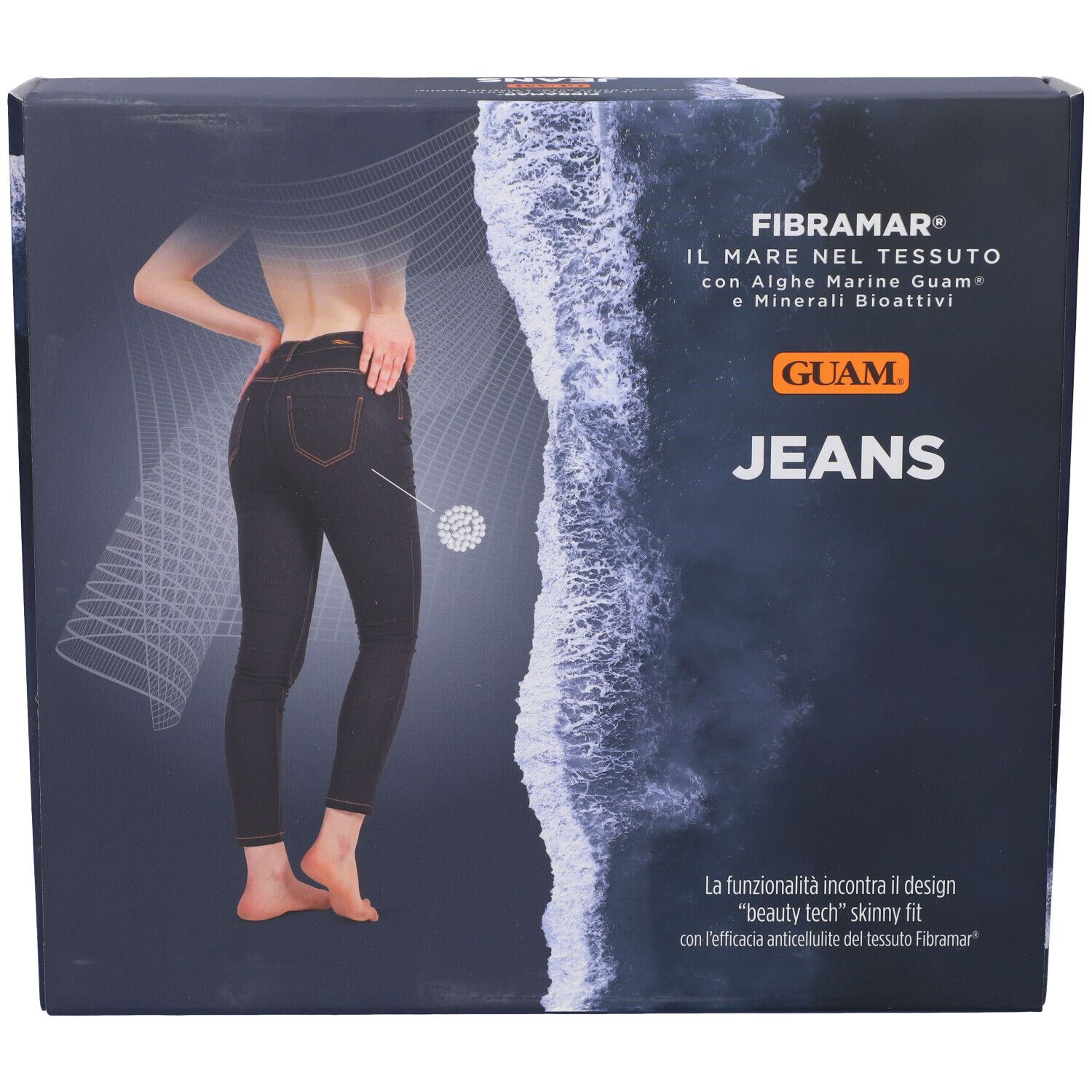 Confezione Guam Jeans. Scritta: Jeans, Fibramar, alghe, minerali. Immagine: donna in jeans neri.