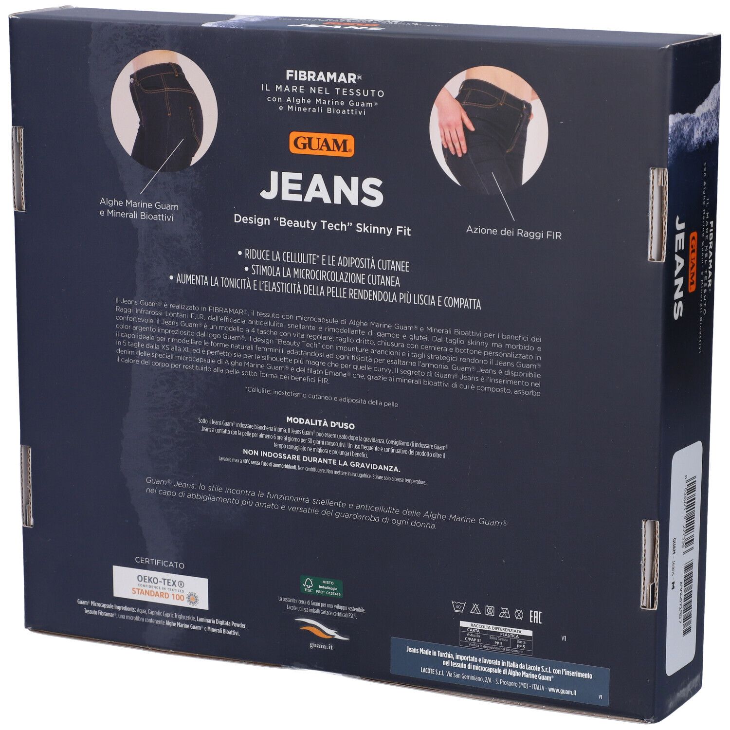 Retro della confezione Guam Jeans. Testo e loghi. Scritta: Guam Jeans, Fibramar.