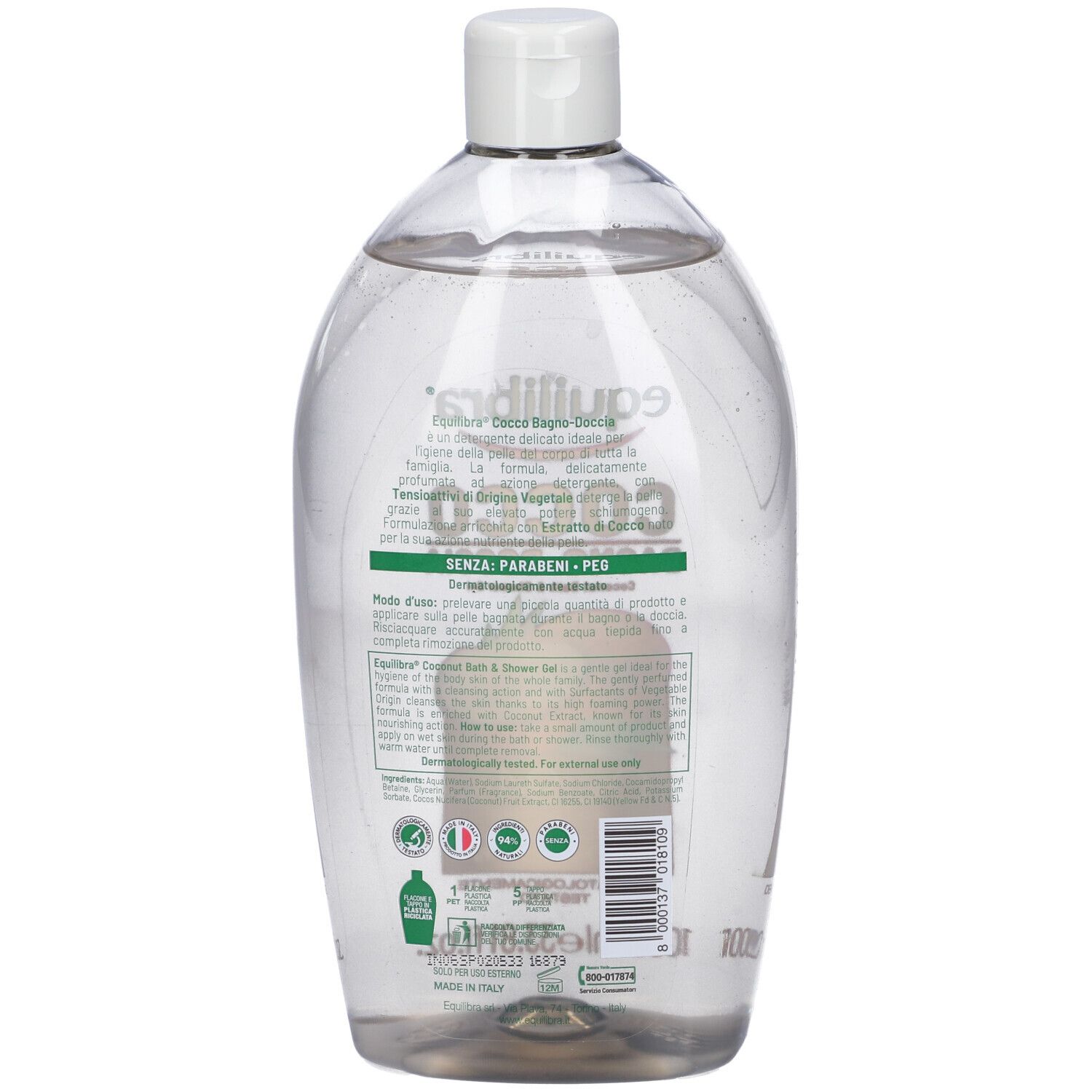 Retro del flacone di bagnodoccia. Testo: Cocco Bagno-Doccia, senza parabeni e PEG. Certificazioni.