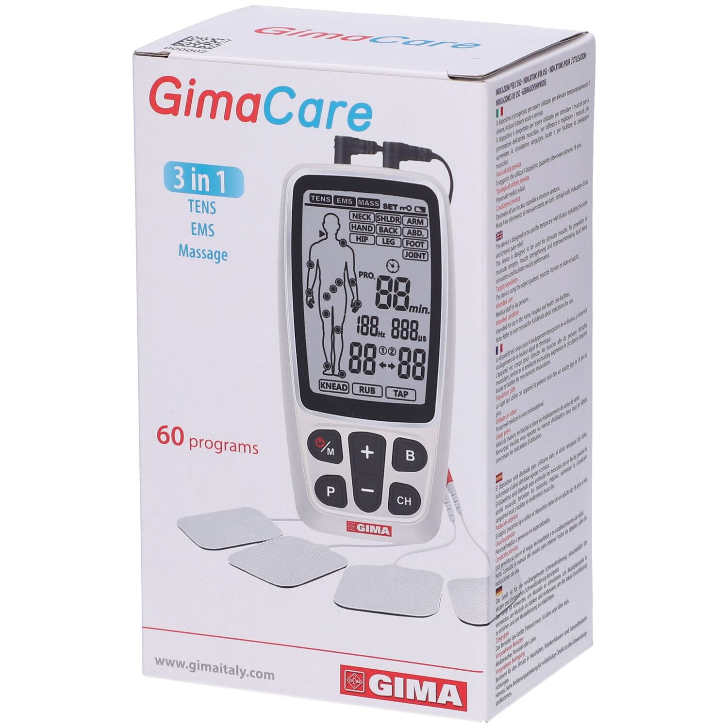 Confezione del prodotto. GimaCare, 3 in 1, 60 programmi. Dispositivo con display ed elettrodi.