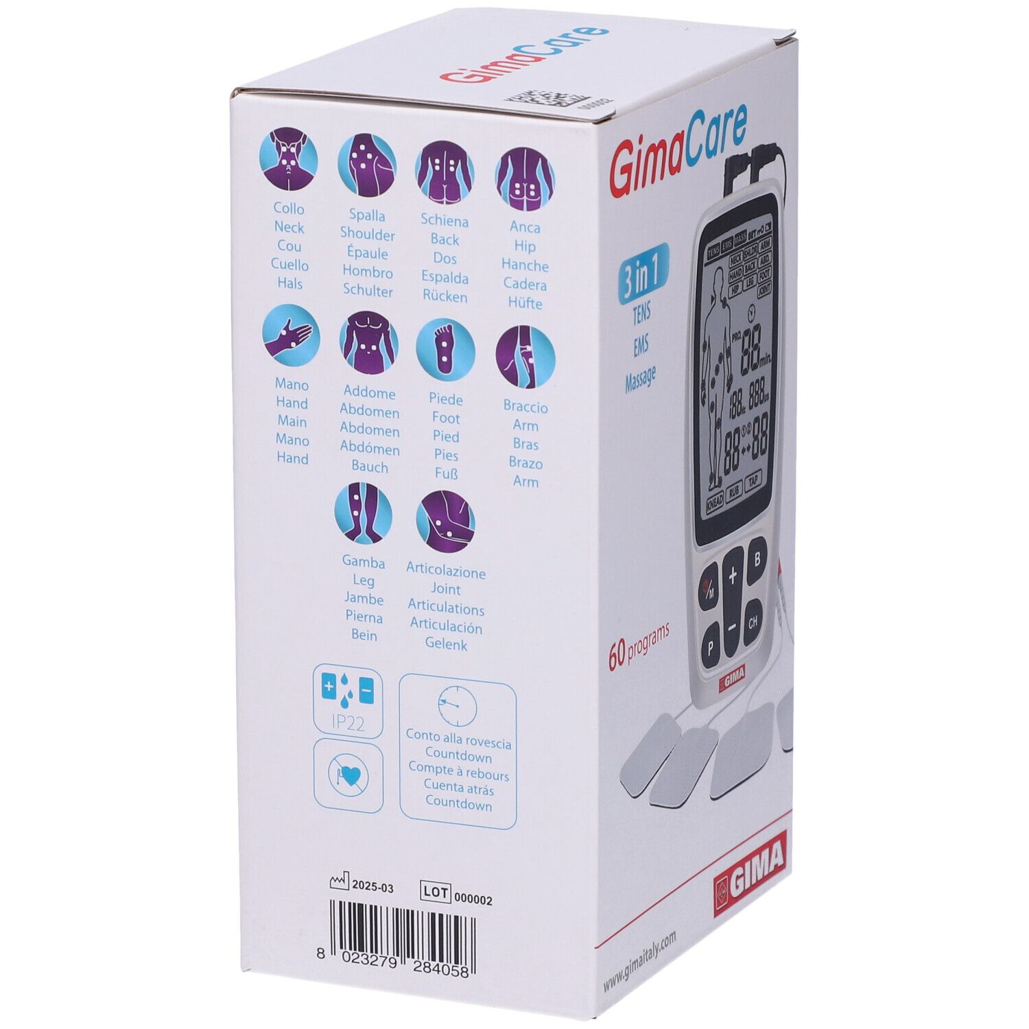 Confezione del prodotto. GimaCare, 3 in 1, 60 programmi. Retro con diagrammi e informazioni.
