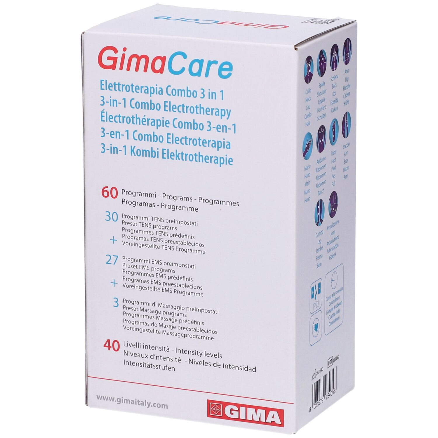 Confezione del prodotto. GimaCare, 3 in 1, 60 programmi. Lato con diagrammi e informazioni.