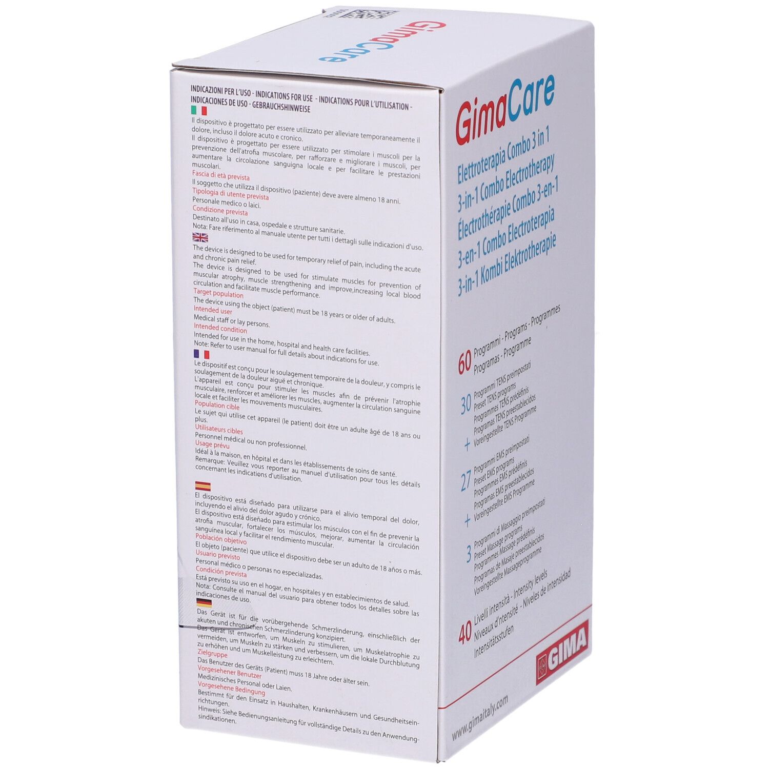 Confezione del prodotto. GimaCare, 3 in 1, 60 programmi. Lato con informazioni e istruzioni.
