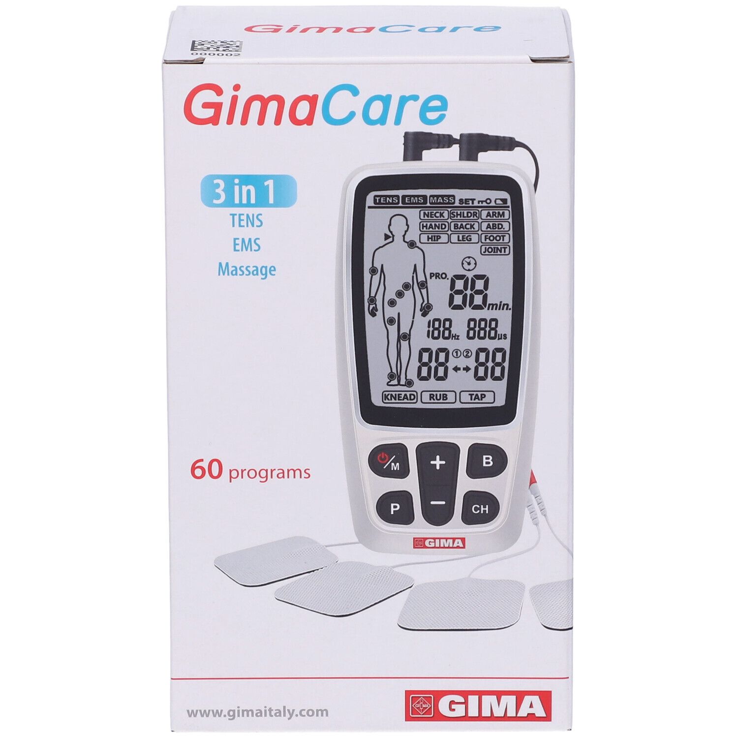 Confezione del prodotto. GimaCare, 3 in 1, 60 programmi. Dispositivo con display ed elettrodi.