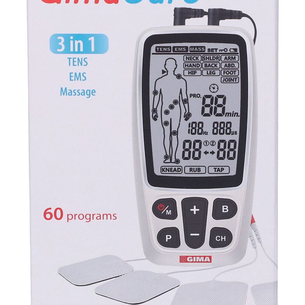 Confezione con dispositivo ed elettrodi. GIMA-Care, 3 in 1, 60 programmi. Dispositivo con display.