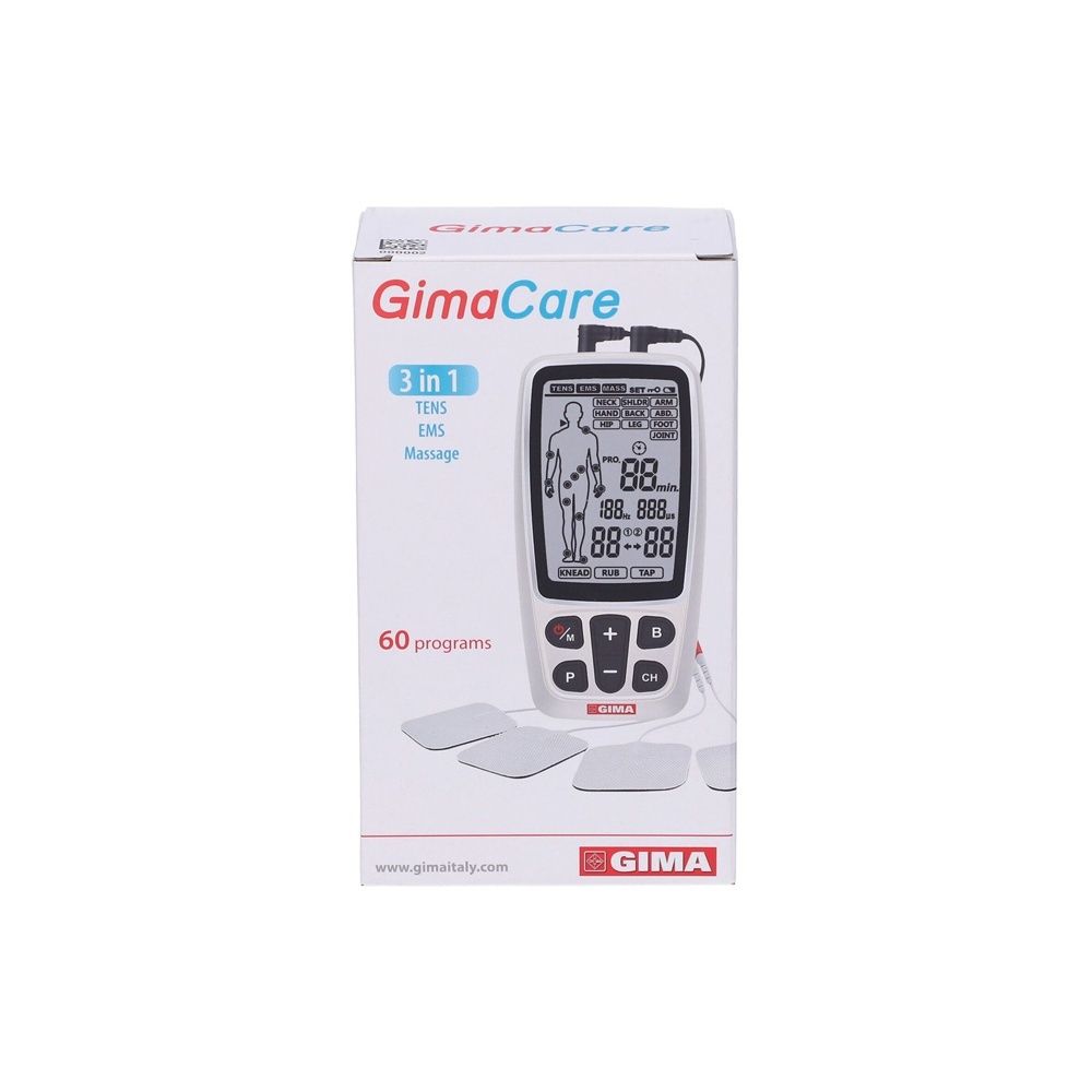 Scatola GIMA GimaCare. Contiene dispositivo con display, elettrodi e 60 programmi. Testo: 3 in 1.