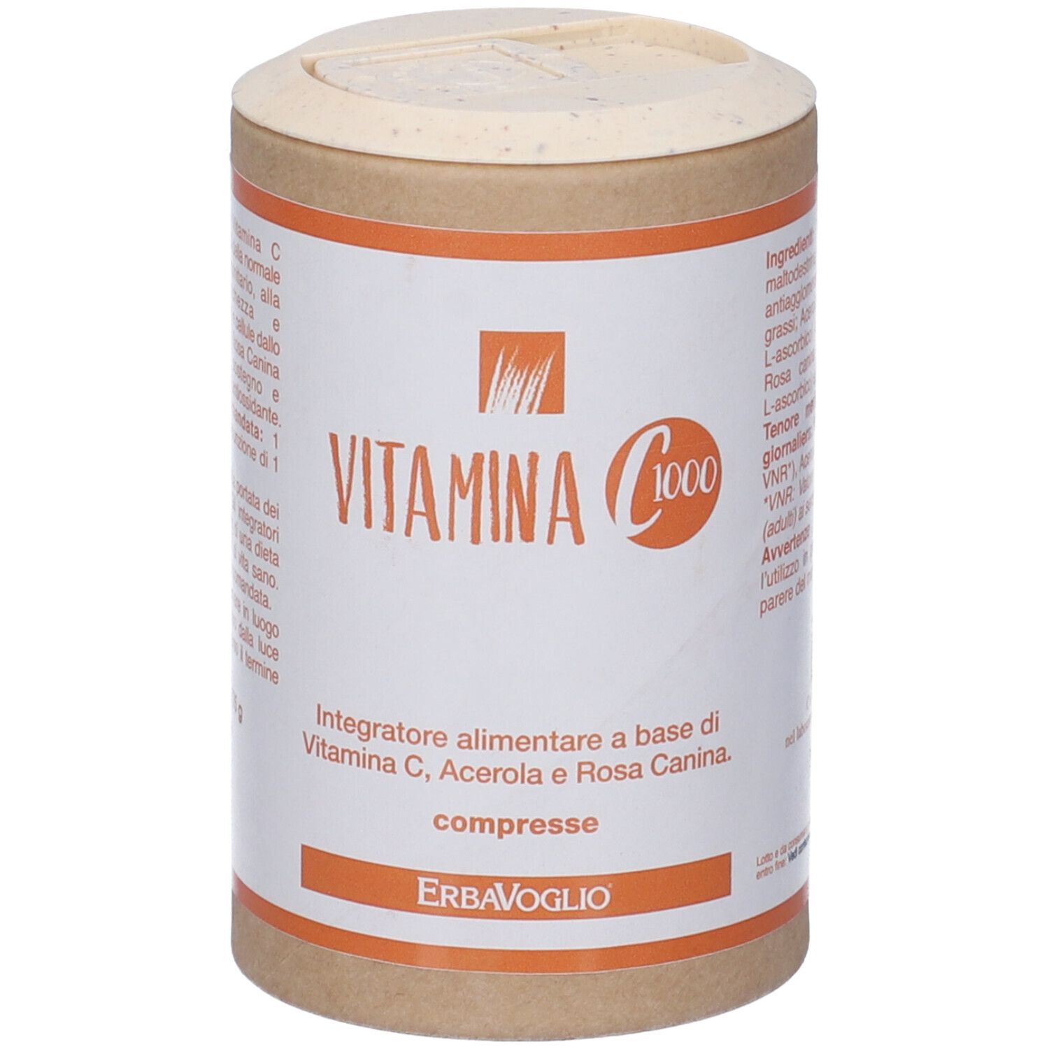 Confezione cilindrica "Vitamina C 1000". Dettagli arancioni e logo "ERBAVOGLIO".