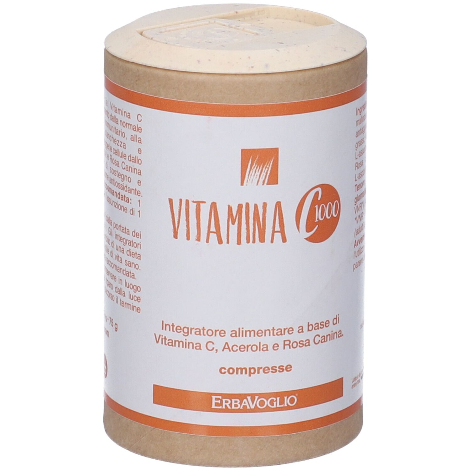 Confezione cilindrica "Vitamina C 1000". Dettagli arancioni e logo "ERBAVOGLIO".