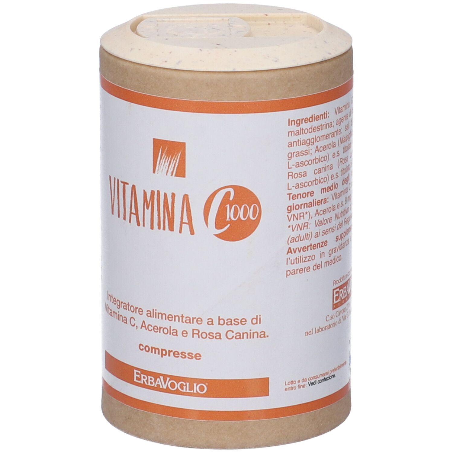 Confezione cilindrica "Vitamina C 1000". Dettagli arancioni e logo "ERBAVOGLIO".