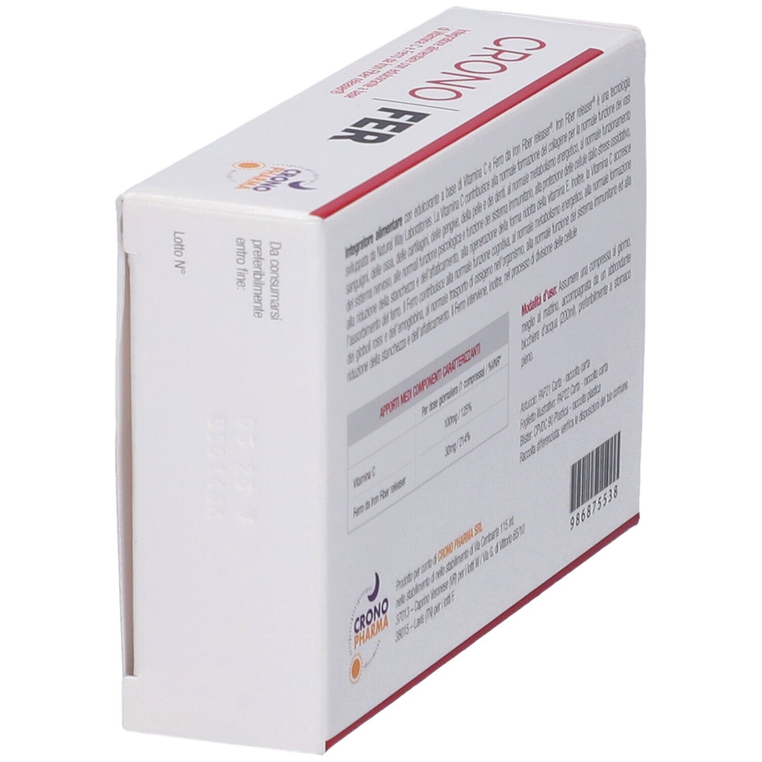 Vista laterale della confezione. Contiene informazioni e logo Crono Pharma. Testo in italiano.