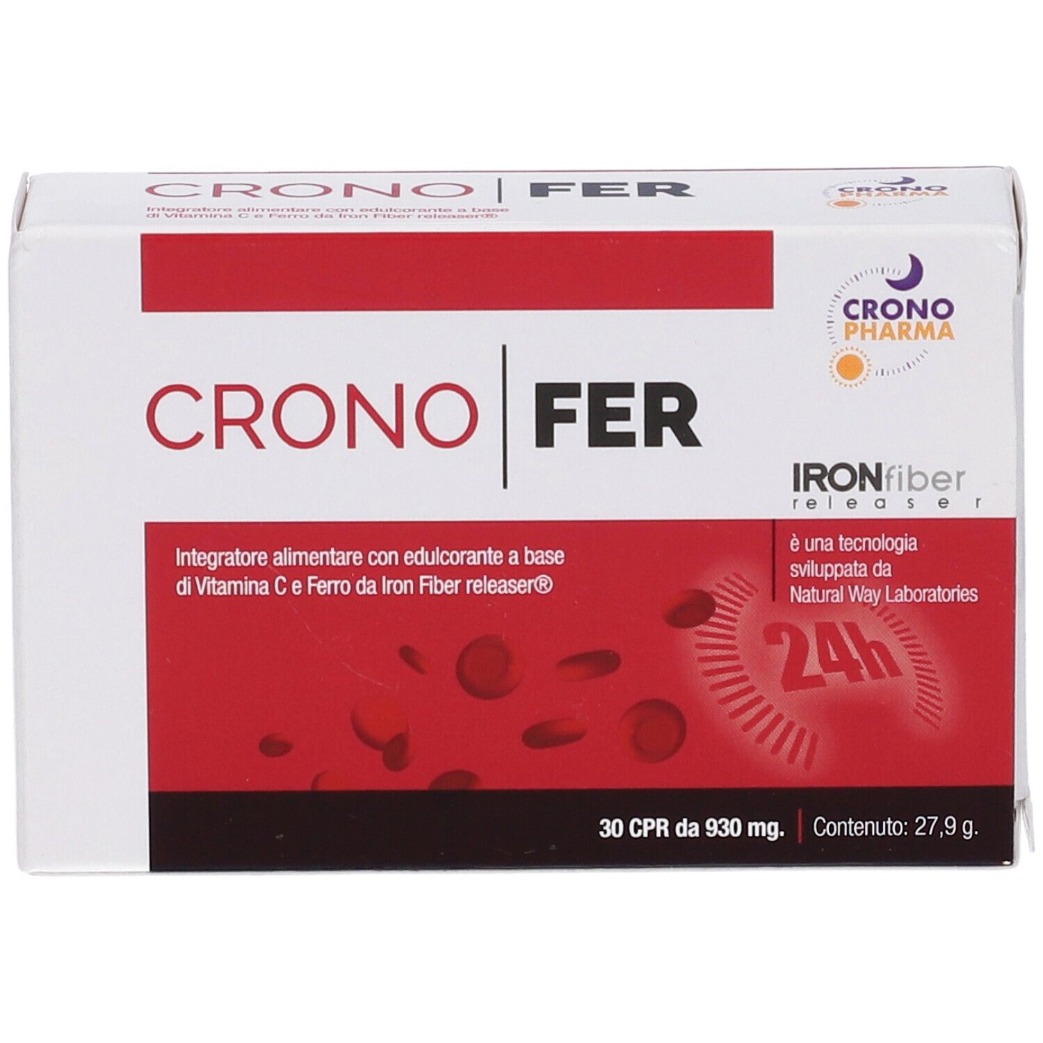 Scatola con testo rosso e bianco. Marchio: Crono Fer. Logo: Crono Pharma. Contiene 30 compresse.