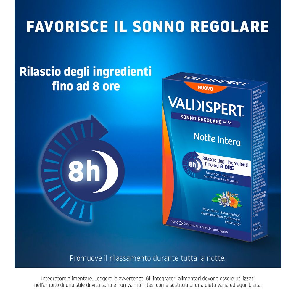 Pubblicità per VALDISPERT Notte Intera. Grafica blu con immagine del prodotto e testo: Favorisce il sonno regolare.