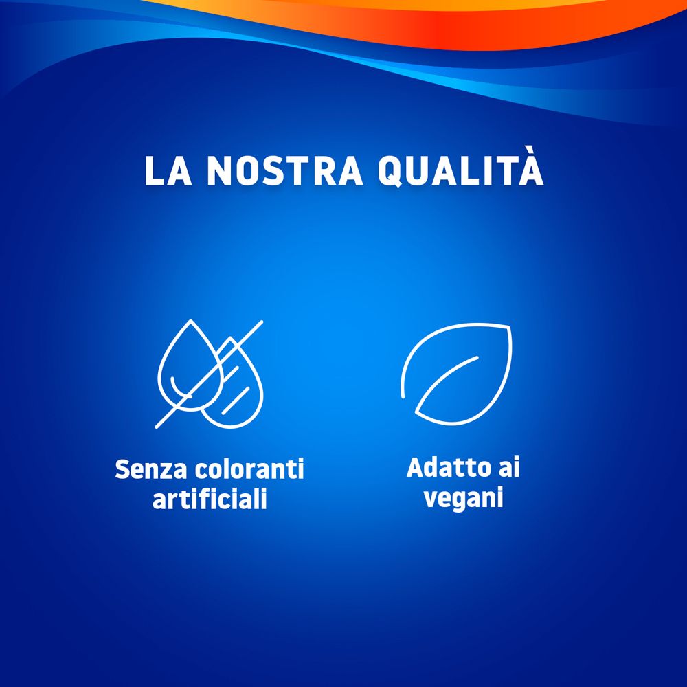 Grafica blu con simboli: Senza coloranti artificiali, adatto ai vegani. Testo: La nostra qualità.