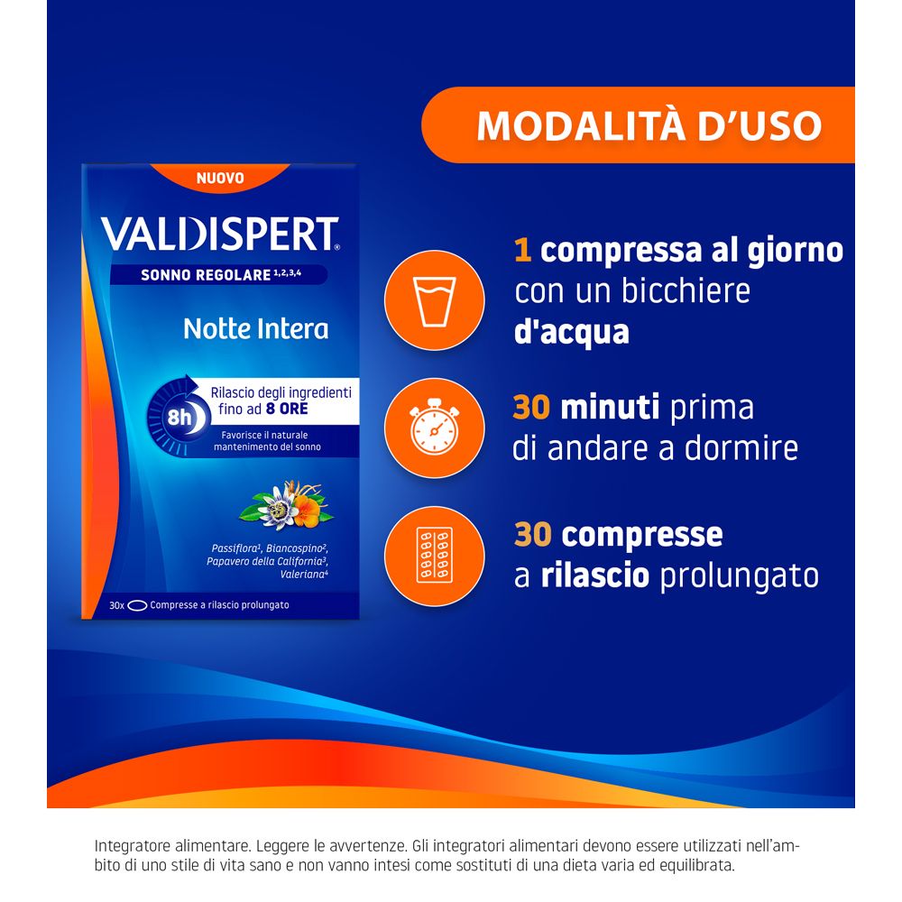 Grafica blu con VALDISPERT Notte Intera. Istruzioni: 1 compressa con acqua, 30 minuti prima di dormire.