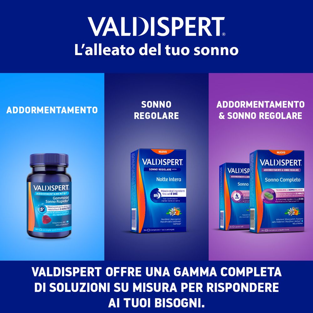 Pubblicità per VALDISPERT. Prodotti: compresse, capsule. Testo: L'alleato del tuo sonno. Diverse confezioni.