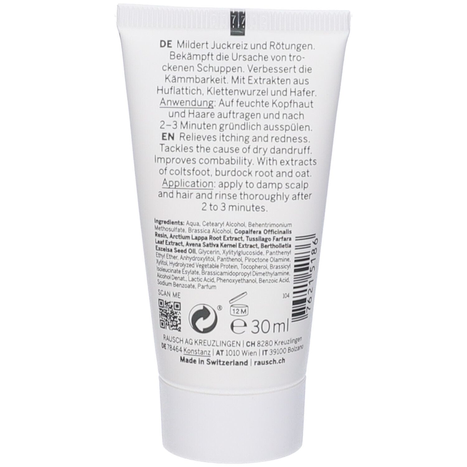 Retro del tubo. Testo in tedesco e inglese. Ingredienti, codice QR, simbolo 12M. Volume: 30 ml. Prodotto in Svizzera.