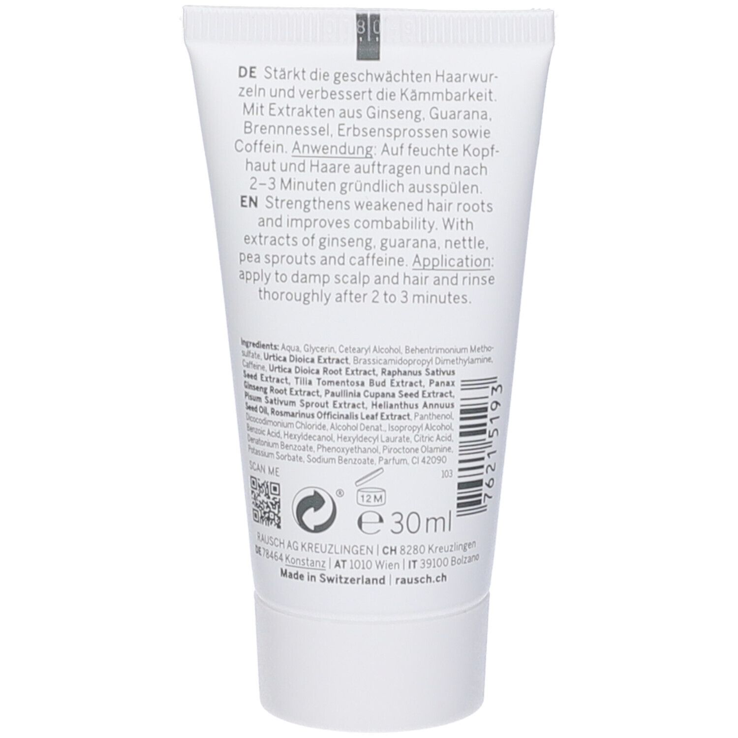 Tubo bianco, retro. Testo: Rinforza le radici dei capelli. Ingredienti. Volume: 30ml. Prodotto in Svizzera. Simbolo di durata.