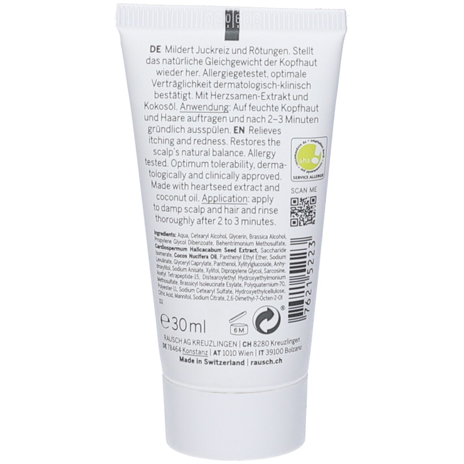 Retro del tubo. Testo in tedesco e inglese. Contiene estratto di semi di cuore e olio di cocco. Volume: 30 ml. Con logo di certificazione.