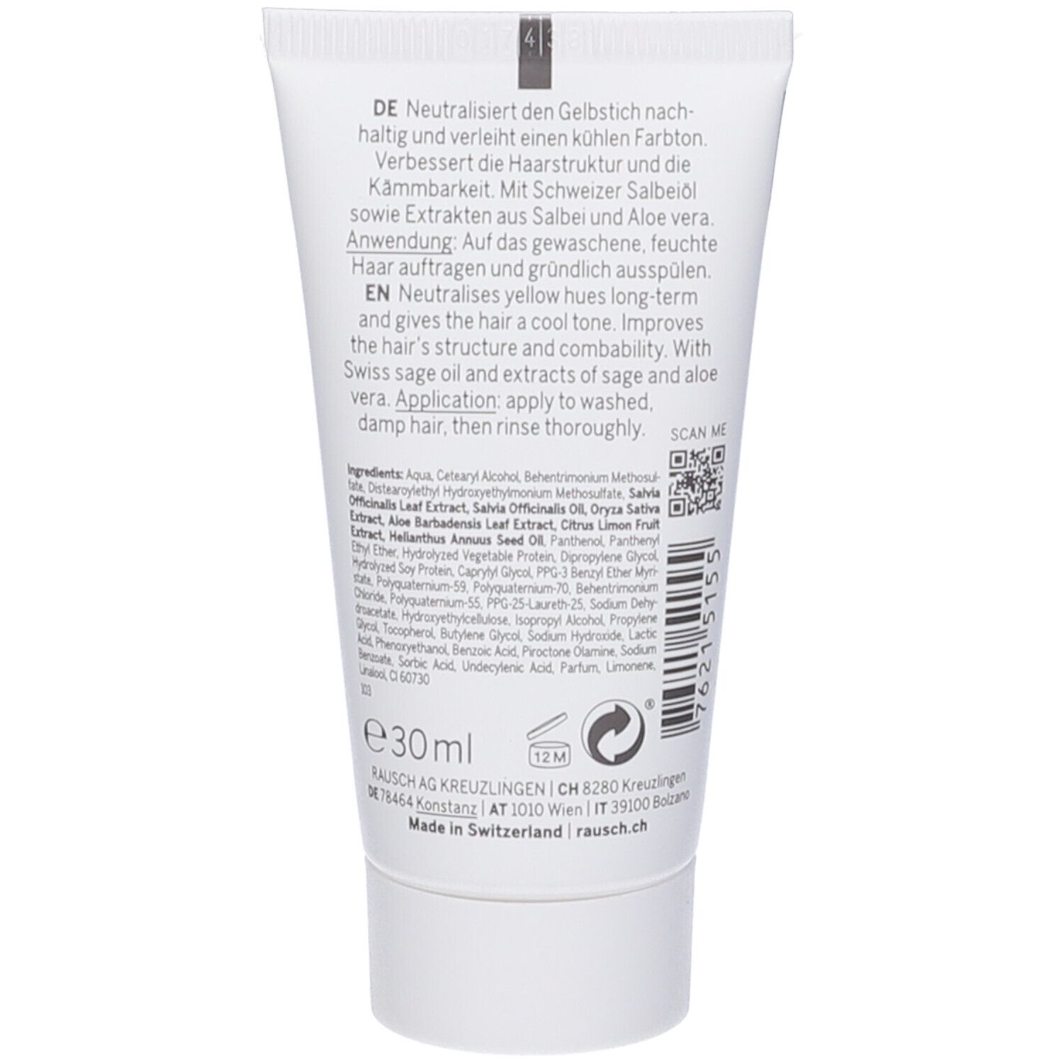 Retro del tubo. Testo in tedesco e inglese. Contiene informazioni sugli ingredienti e l'uso. Volume: 30ml.