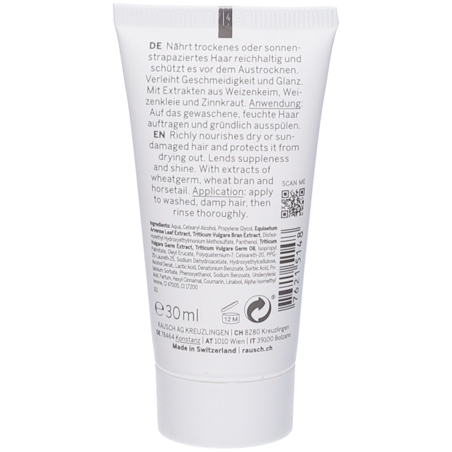 Retro del tubo. Contiene testo in tedesco e inglese, codice QR, ingredienti e indicazione del volume.