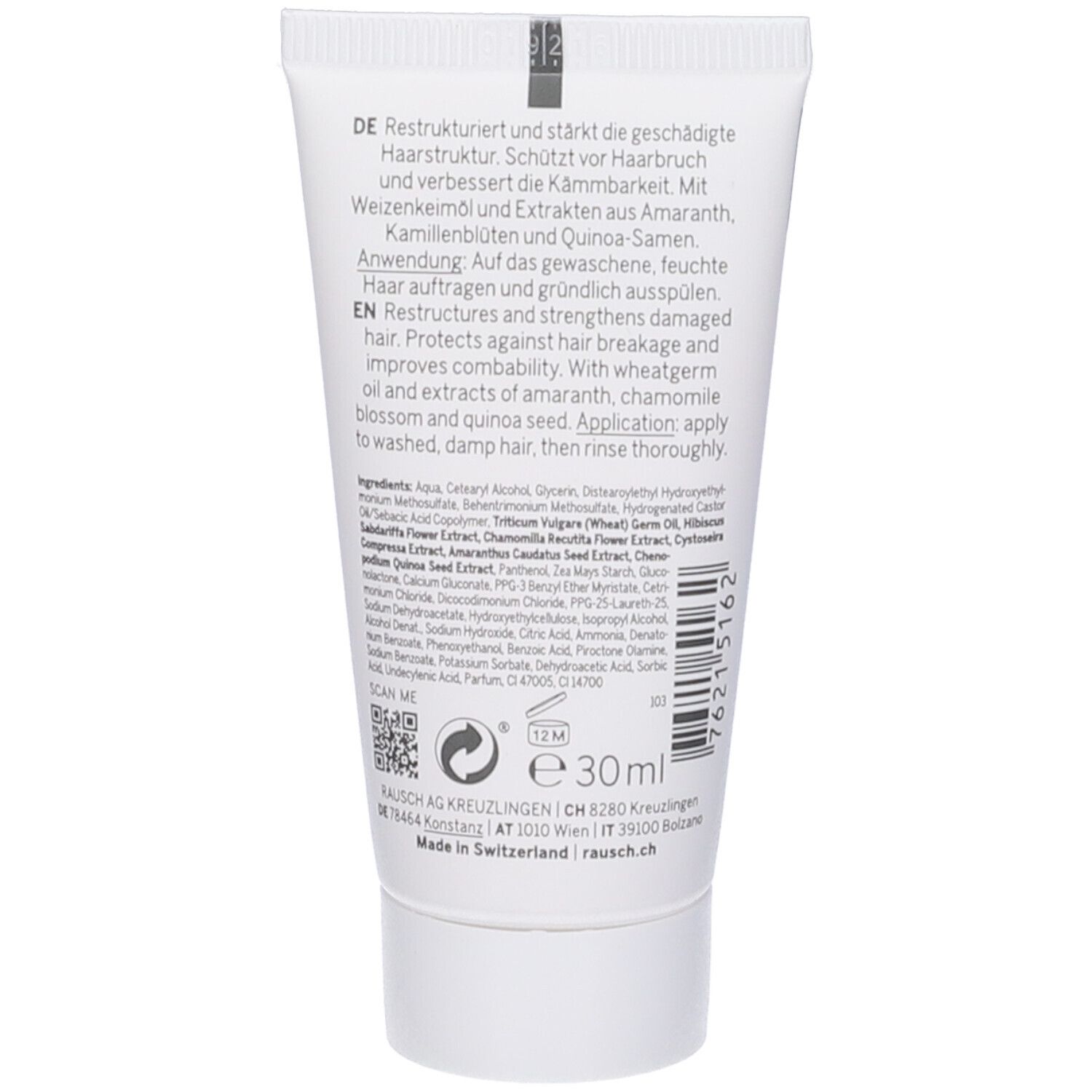 Tubo bianco, retro. Testo in tedesco e inglese. Codice QR, simbolo di riciclaggio, 30 ml. Prodotto in Svizzera.